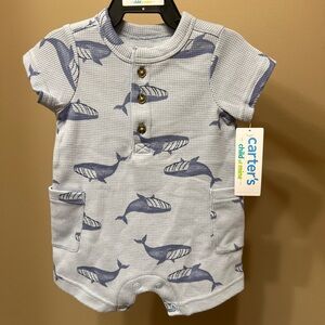 Child of Mine Blue Whale Romper Waffle Knit Size 0-3 months